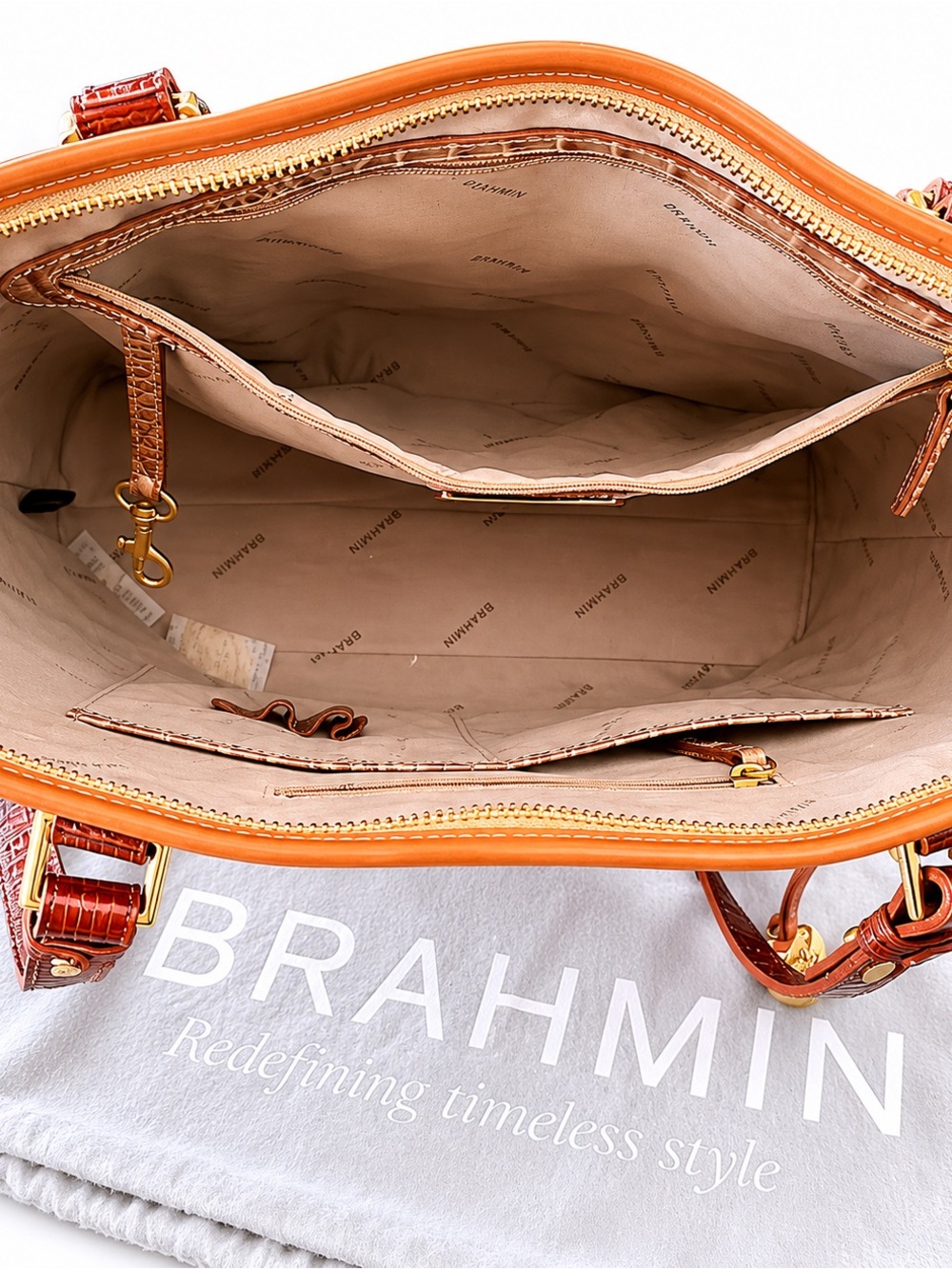 BRAHMIN Croc Embossed Tote Bag – Beige/Brown Colorblock - Picture 6 of 10